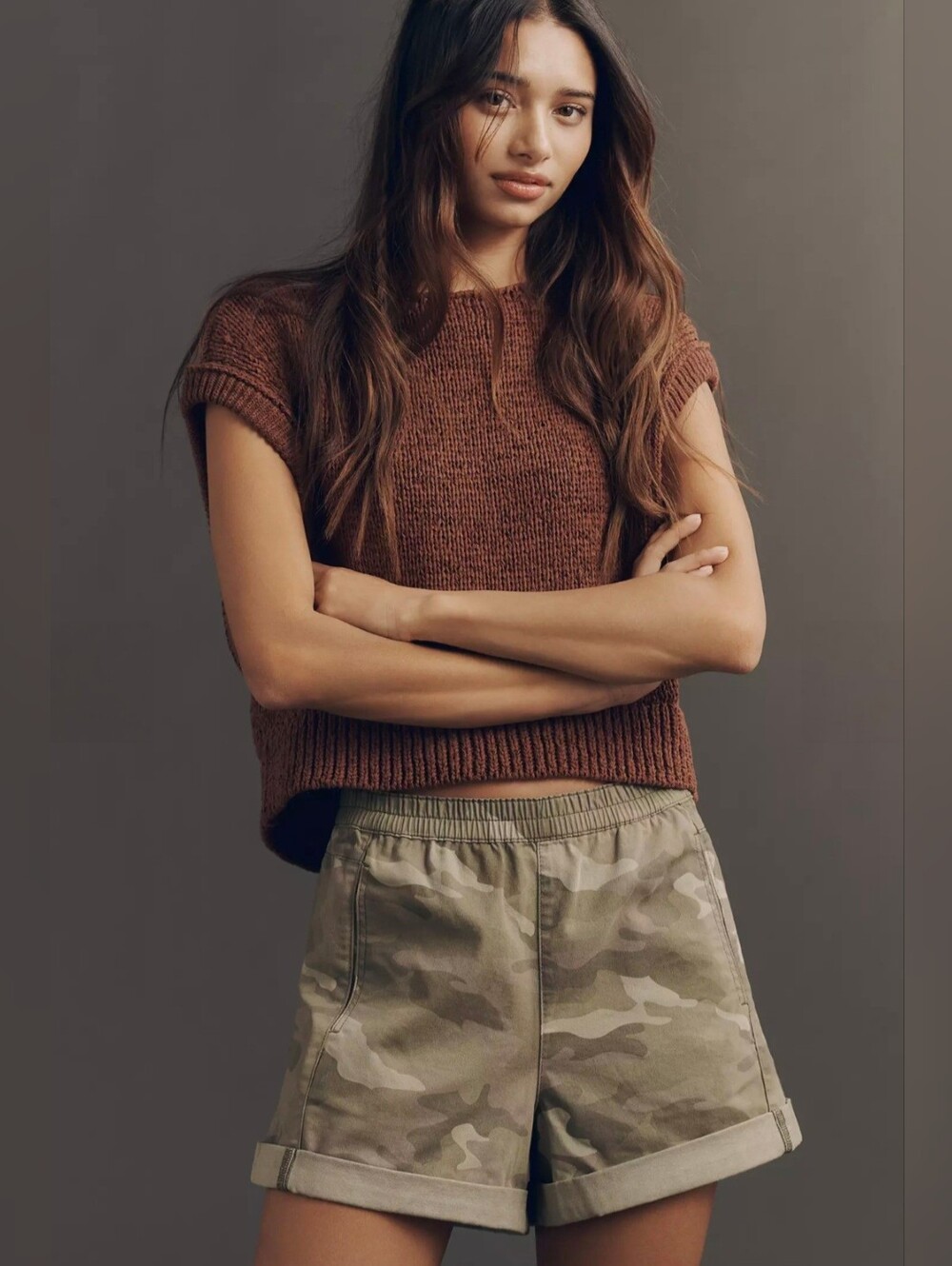 New Anthropologie Pilcro Izzie Pull-On Barrel Shorts M Cotton Olive Camo Casual